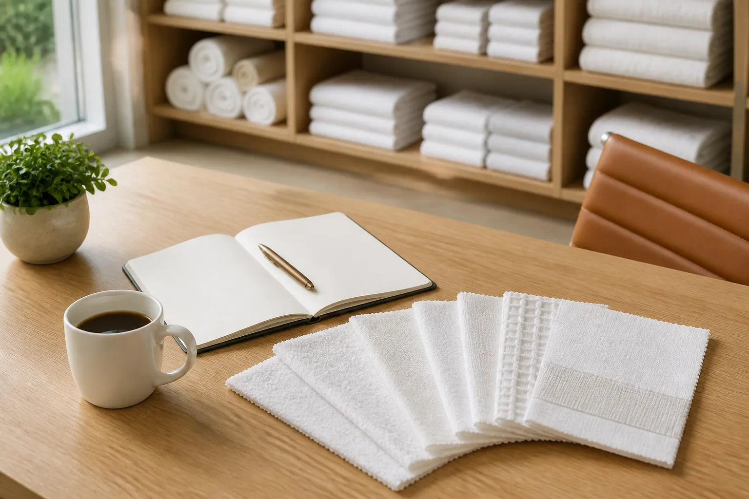 Towel fabric samples spread on a desk with notebook and coffee