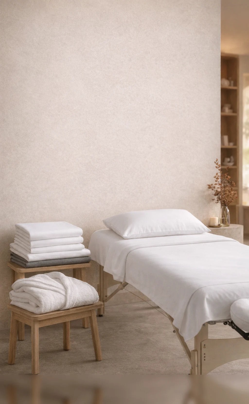 A massage table with a white sheet and pillowcase beside a stool stacked with folded linens