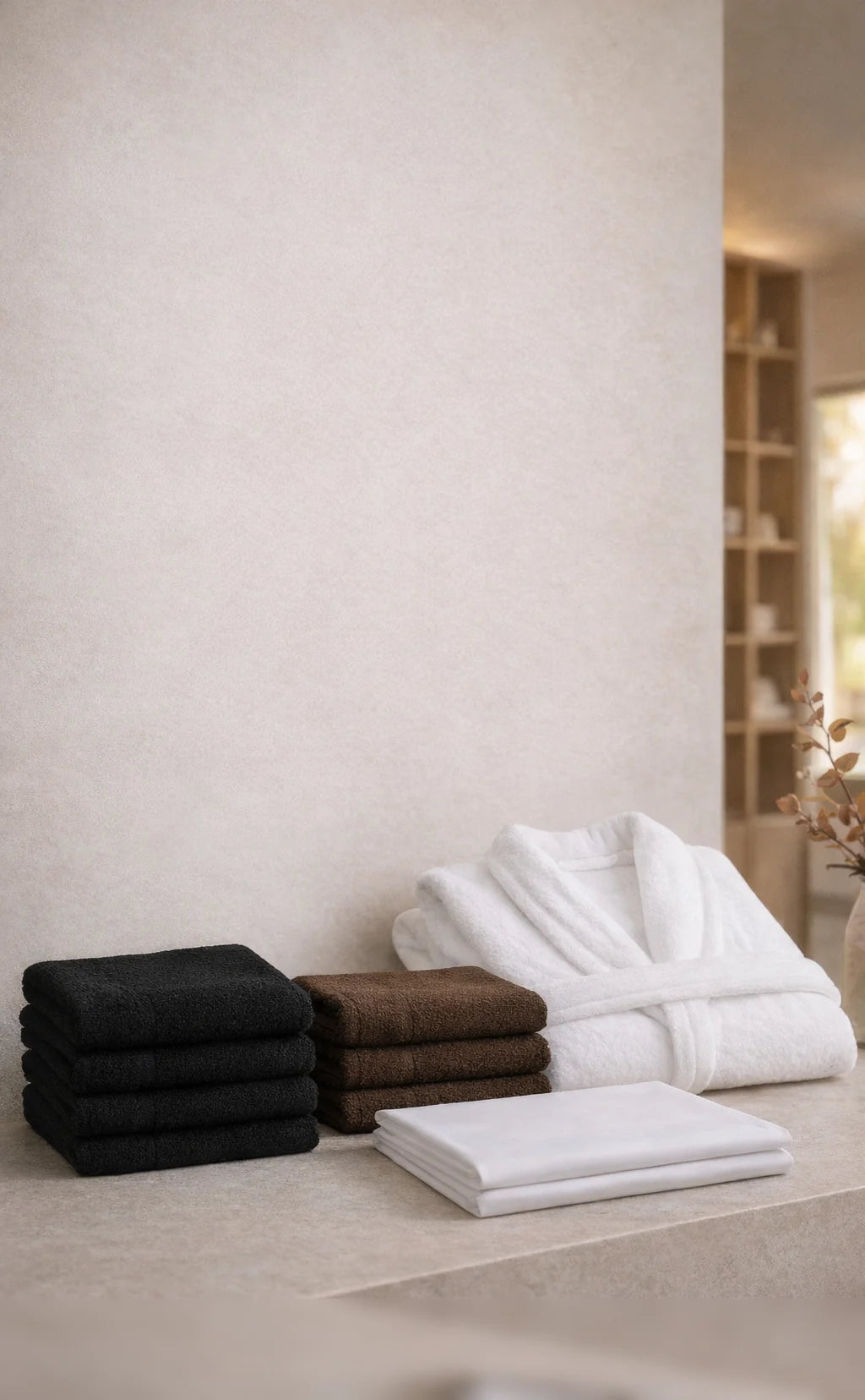 Black, brown and white salon towels, a white bathrobe and a folded sheet on a stone counter